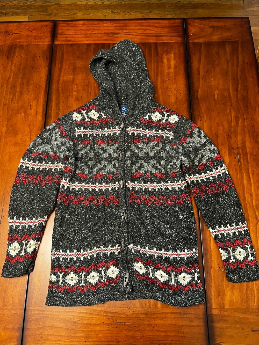 High Sierra UNISEX Hooded Fair Isle Toggle Cardigan Sweater Nordic Wool Blend